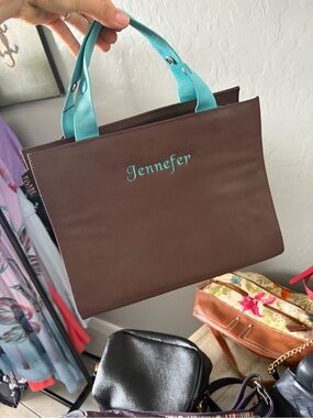 Milano Brown Tote with Teal Handles and Embroidery